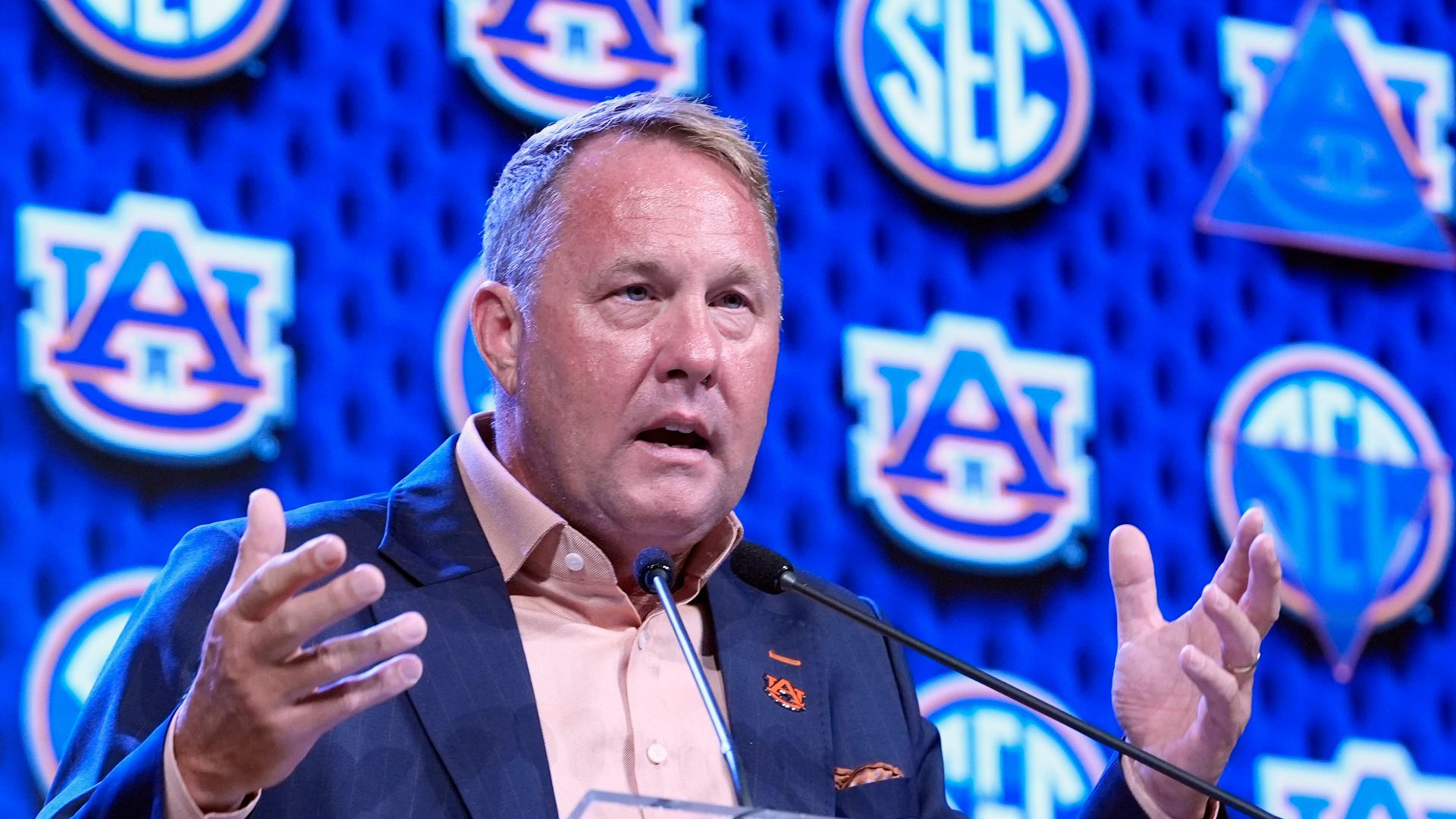 Auburn football head coach Hugh Freeze speaks at 2024 SEC Football Media Days