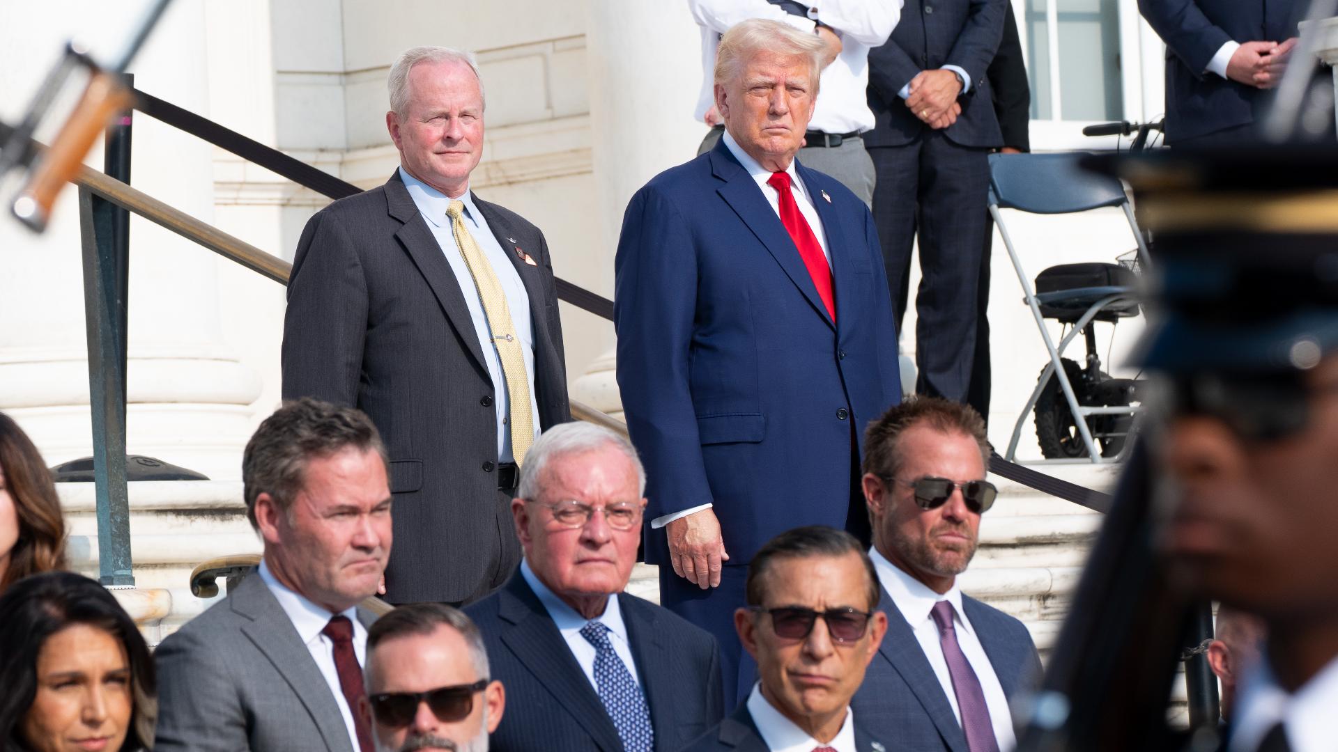 Former President Donald Trump on Monday visited Arlington National Cemetery for a wreath laying ceremony at the Tomb of the Unknown Soldier