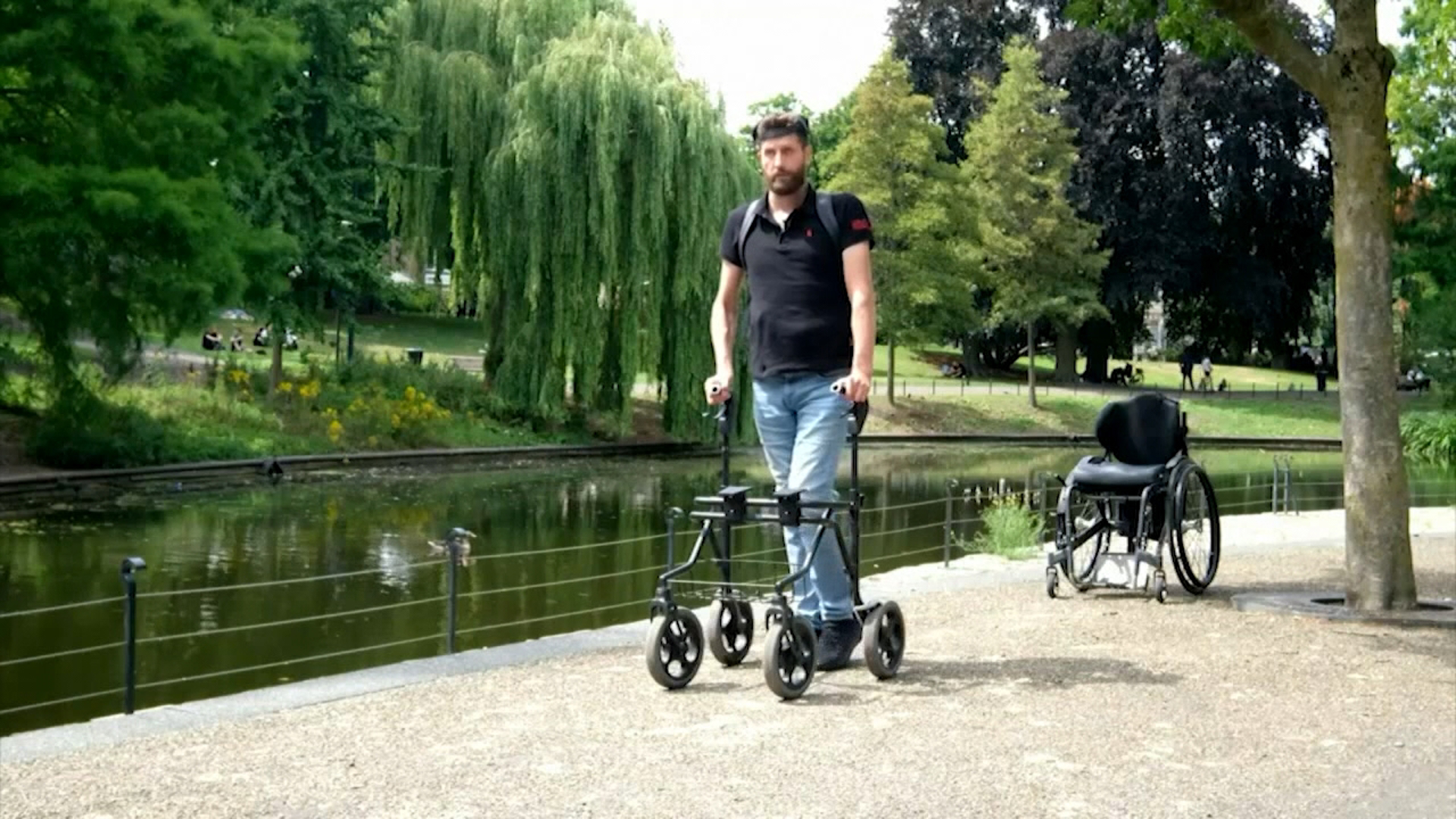 Researchers have developed a device that connects a paralyzed person's brain signals to their spinal cord, so when they think about walking, their legs respond.