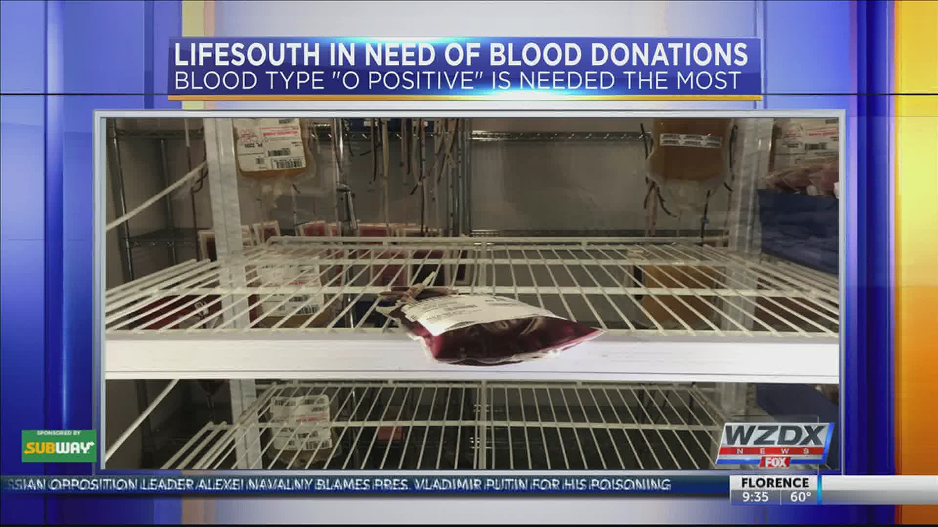 LifeSouth Community Blood Centers is facing an emergency need for blood donors, especially type O positive, the organization said.