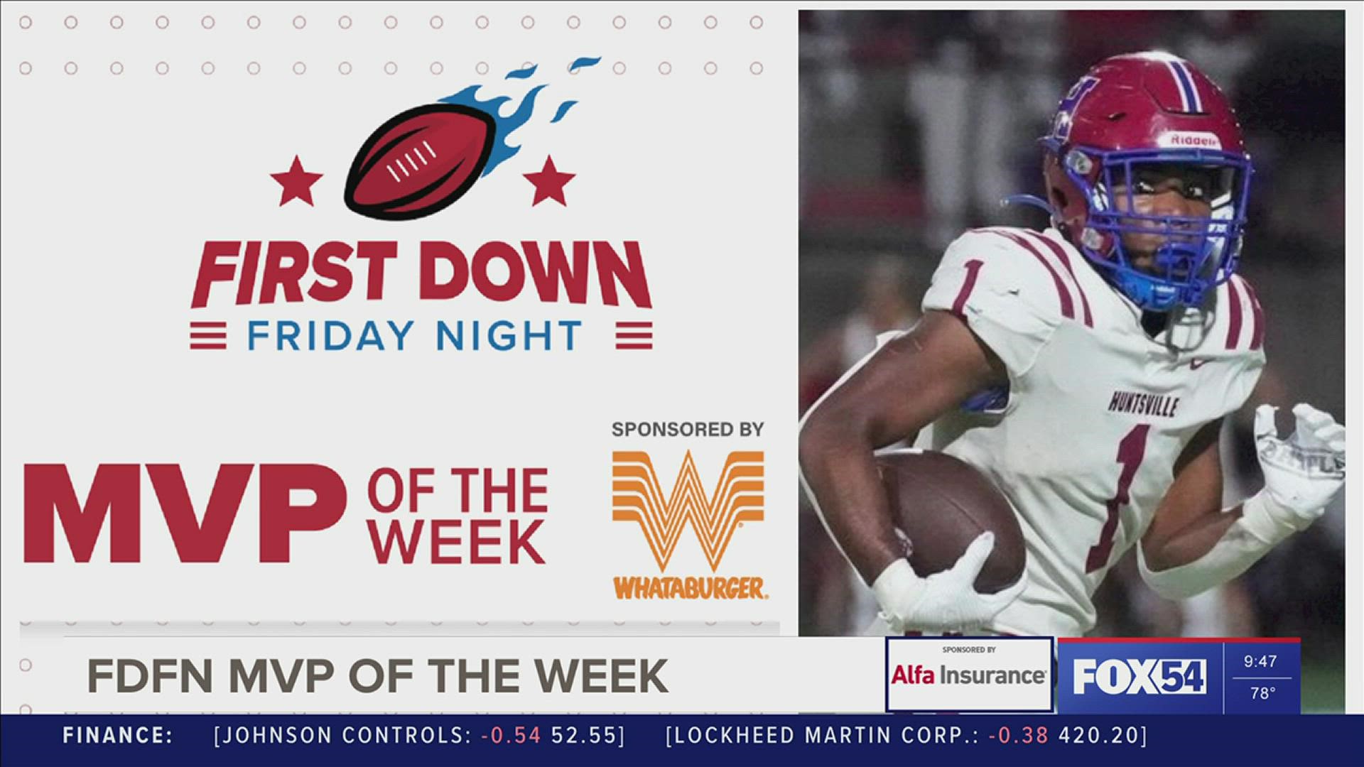 Huntsville running back Carlin Long rushed for 197 yards and scored 3 touchdowns last week against Bob Jones. For his efforts, he is the newest FDFN MVP of the Week.