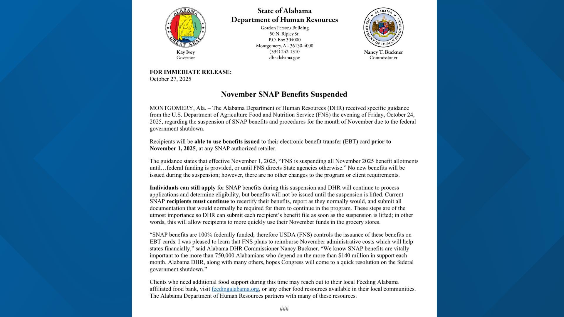 Alabama SNAP benefits suspended for November during federal shutdown ...