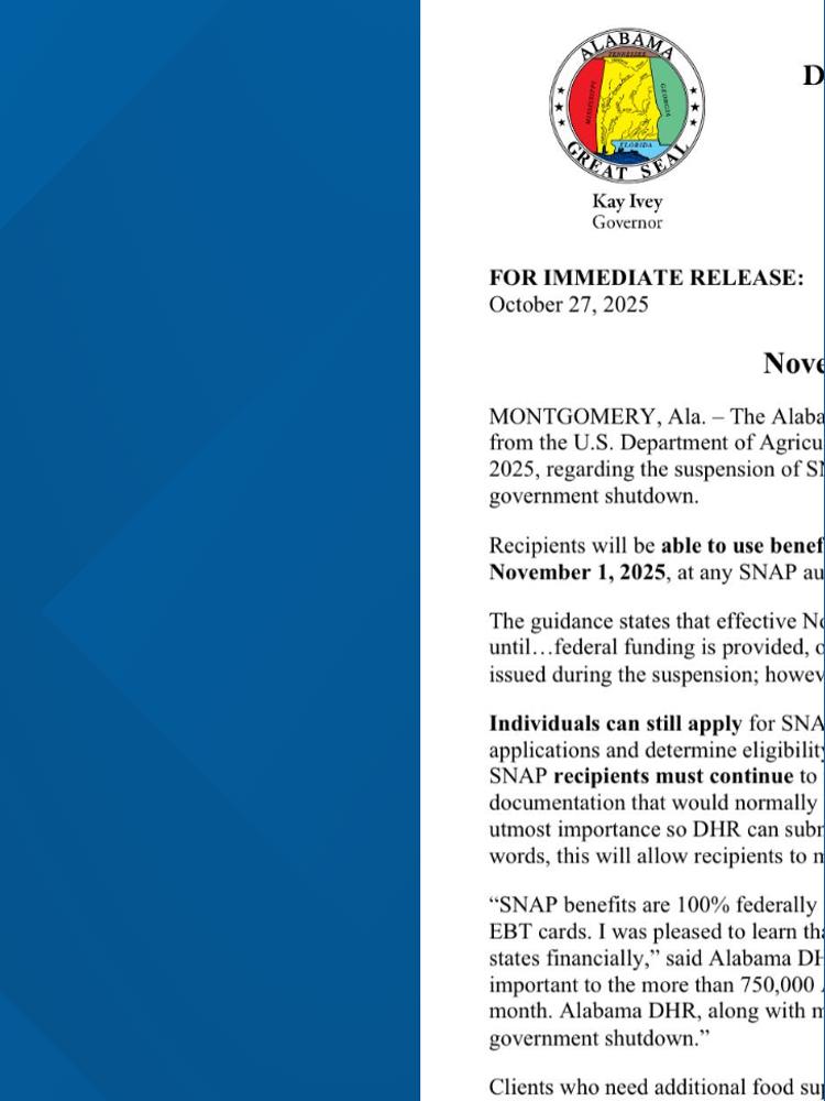 Alabama SNAP benefits suspended for November during federal shutdown ...