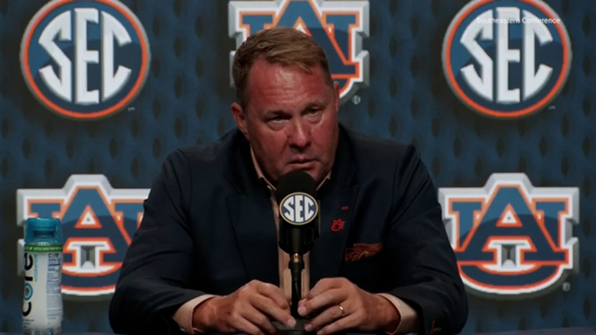 Auburn's Hugh Freeze speaks during the breakout session at 2024 SEC Football Media Days (credit: Southeastern Conference)