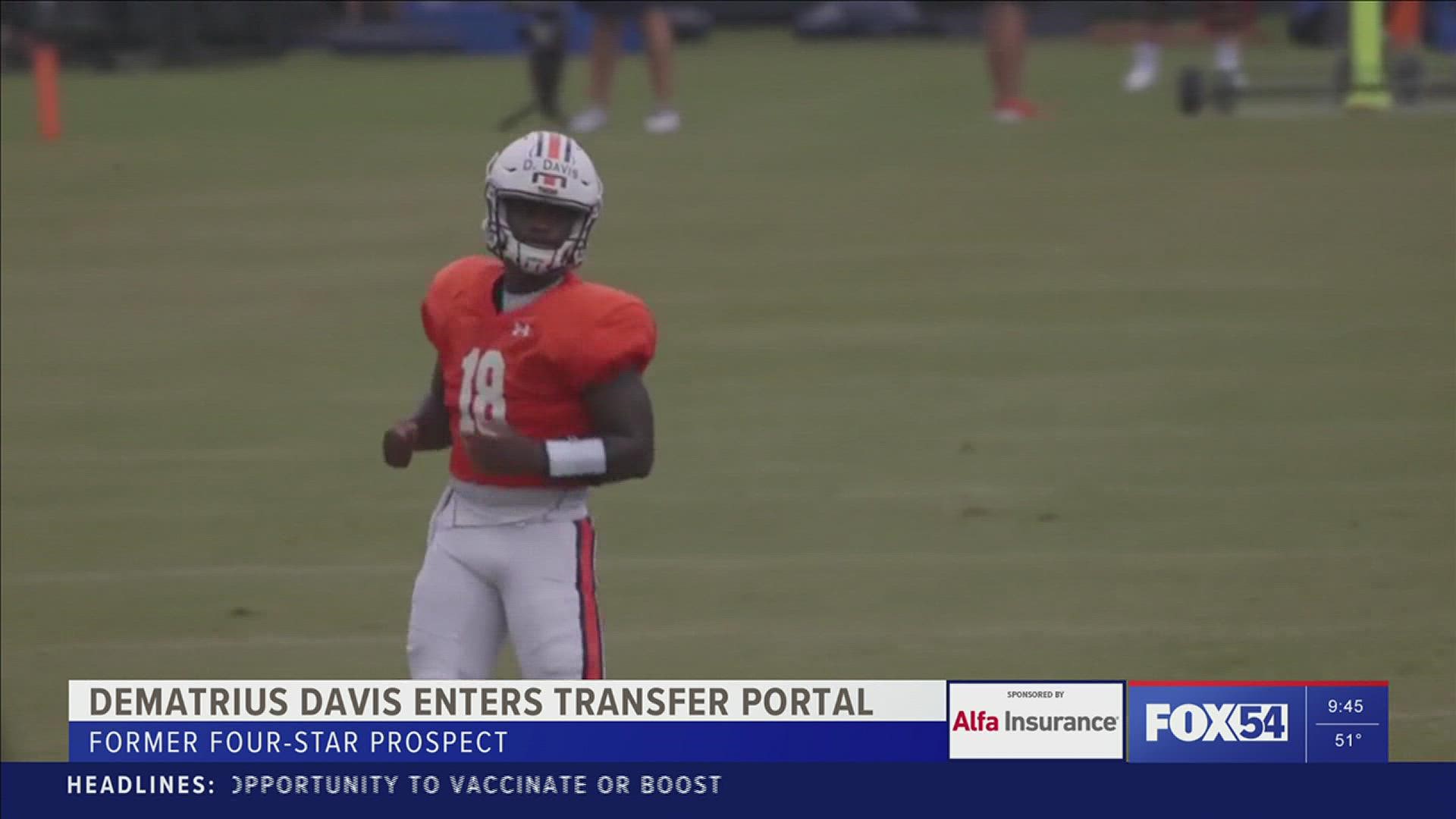 Auburn quarterback Dematrius Davis announces that he has entered the transfer portal.