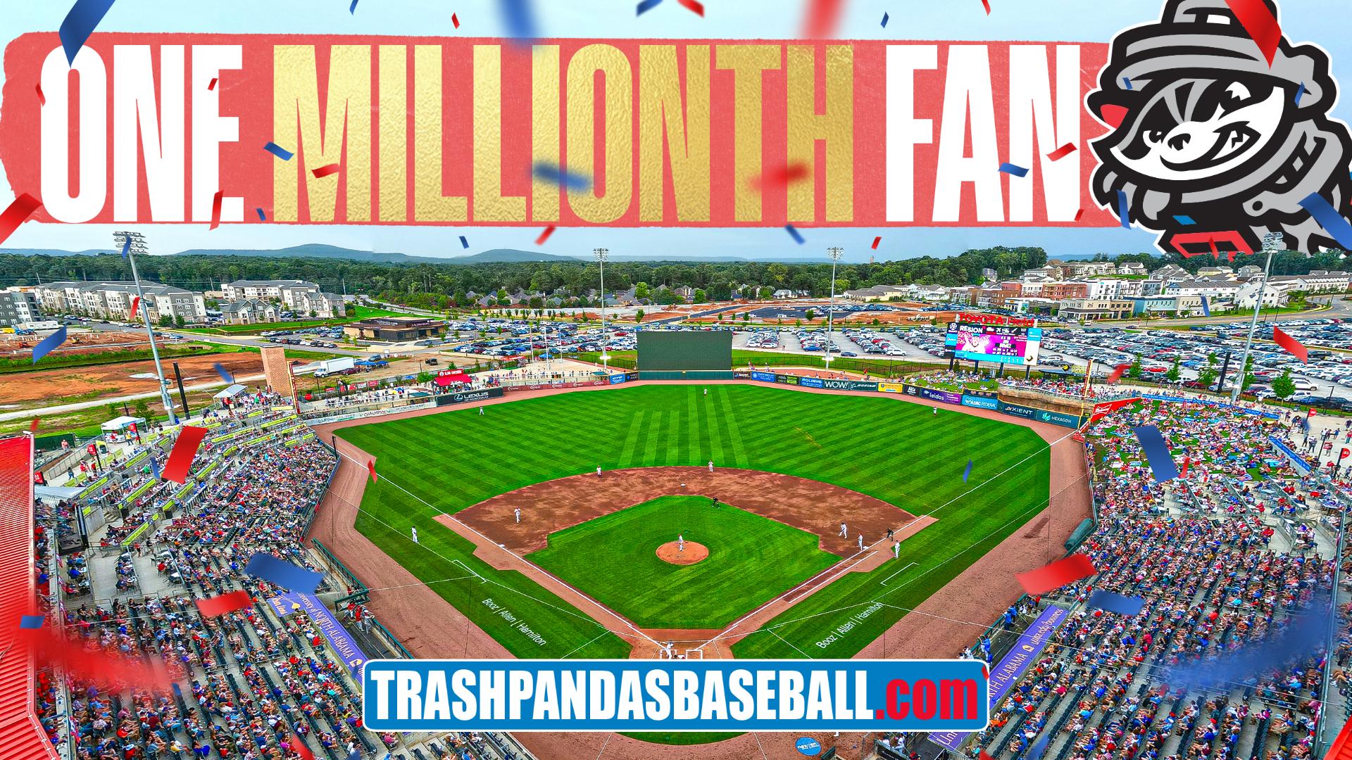 A customized jersey, $200 Trash Cash, a ceremonial First Pitch, a Golden Ticket, box seats, and more await the millionth fan to visit the Rocket City Trash Pandas.