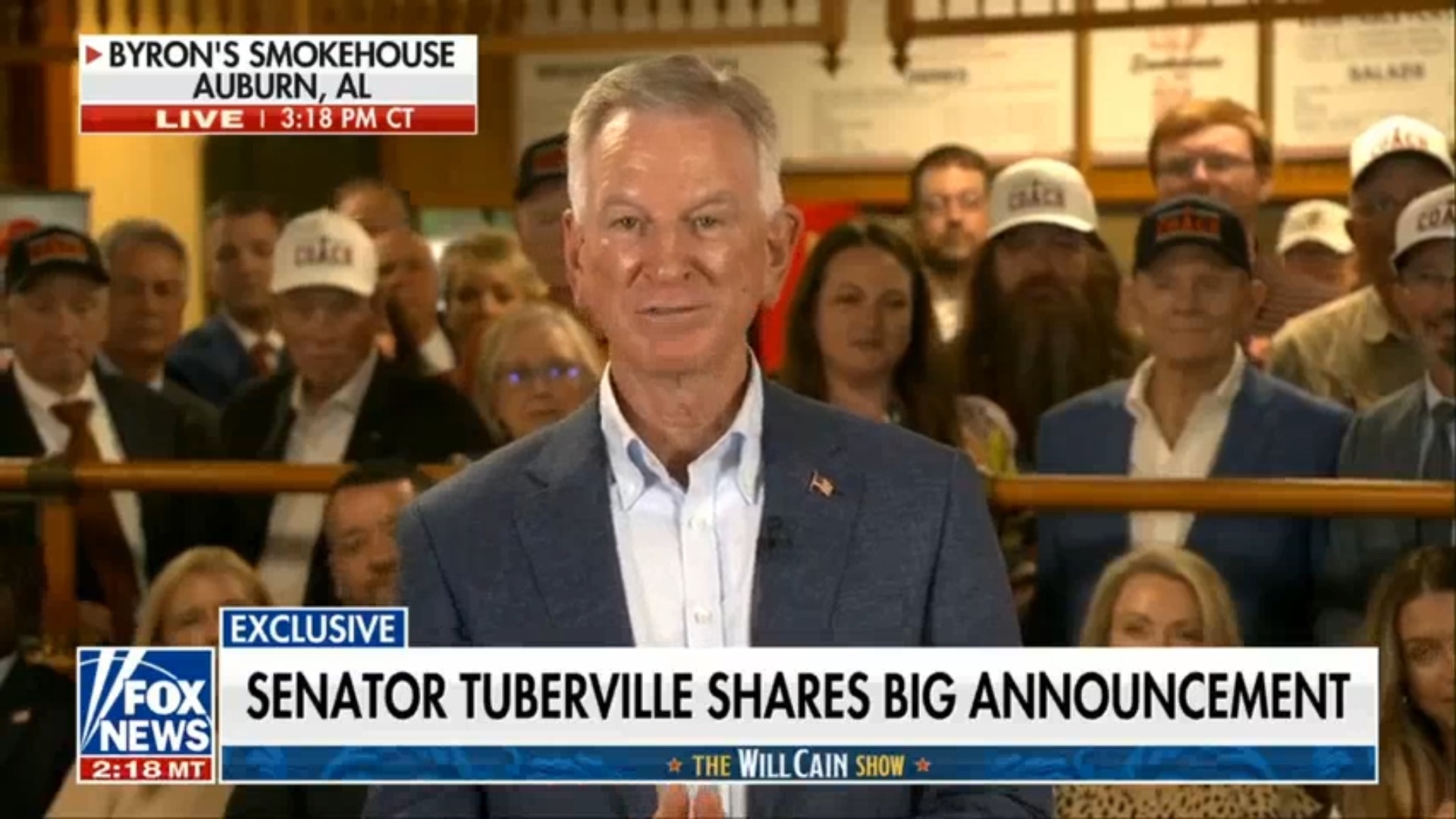 Sen. Tommy Tuberville announced his decision to run for governor during an appearance on the Will Cain Show on Fox News Channel.