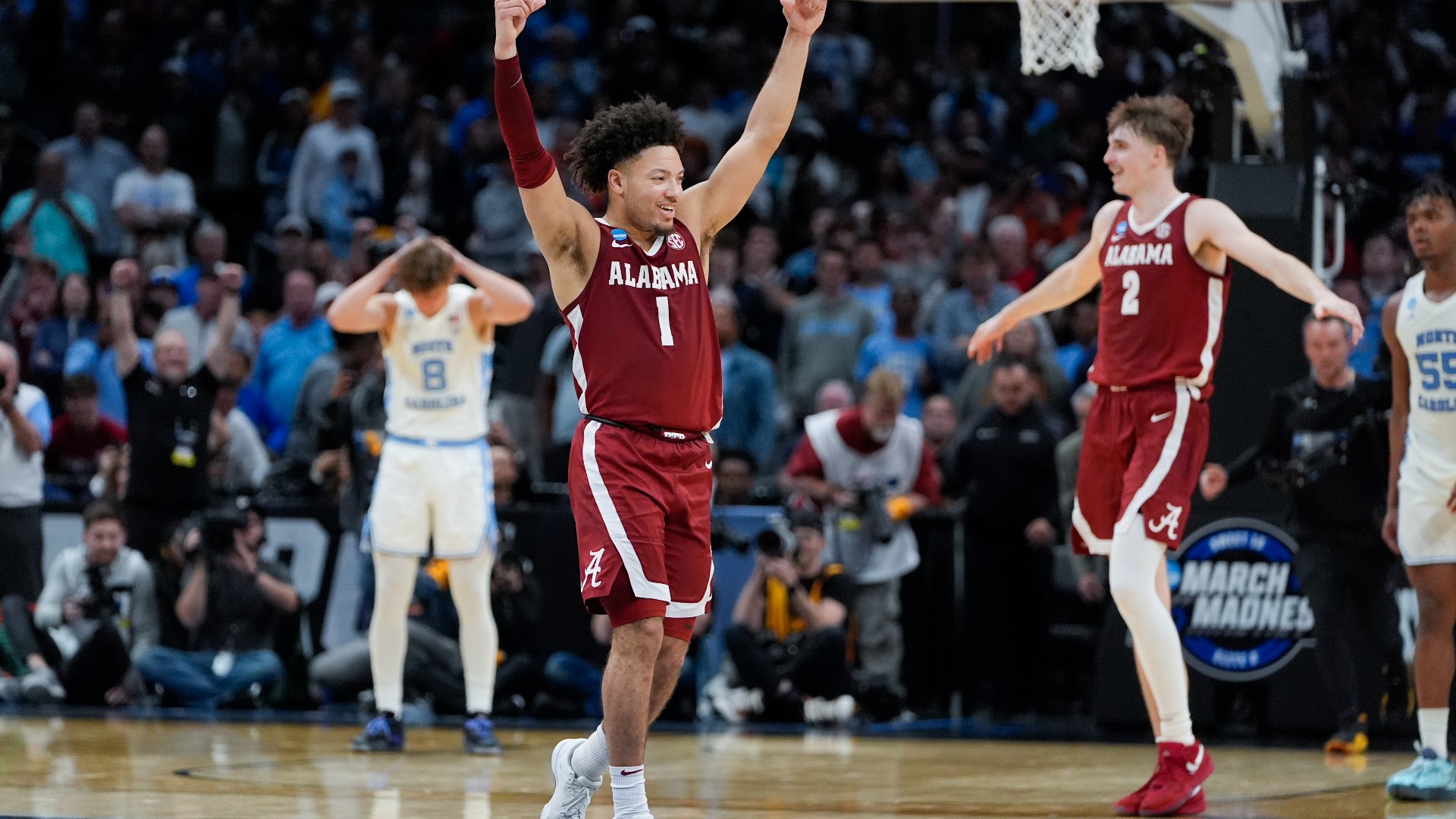 Alabama standouts Mark Sears and Grant Nelson speak to the media after Alabama beats UNC to advance to the Elite Eight.