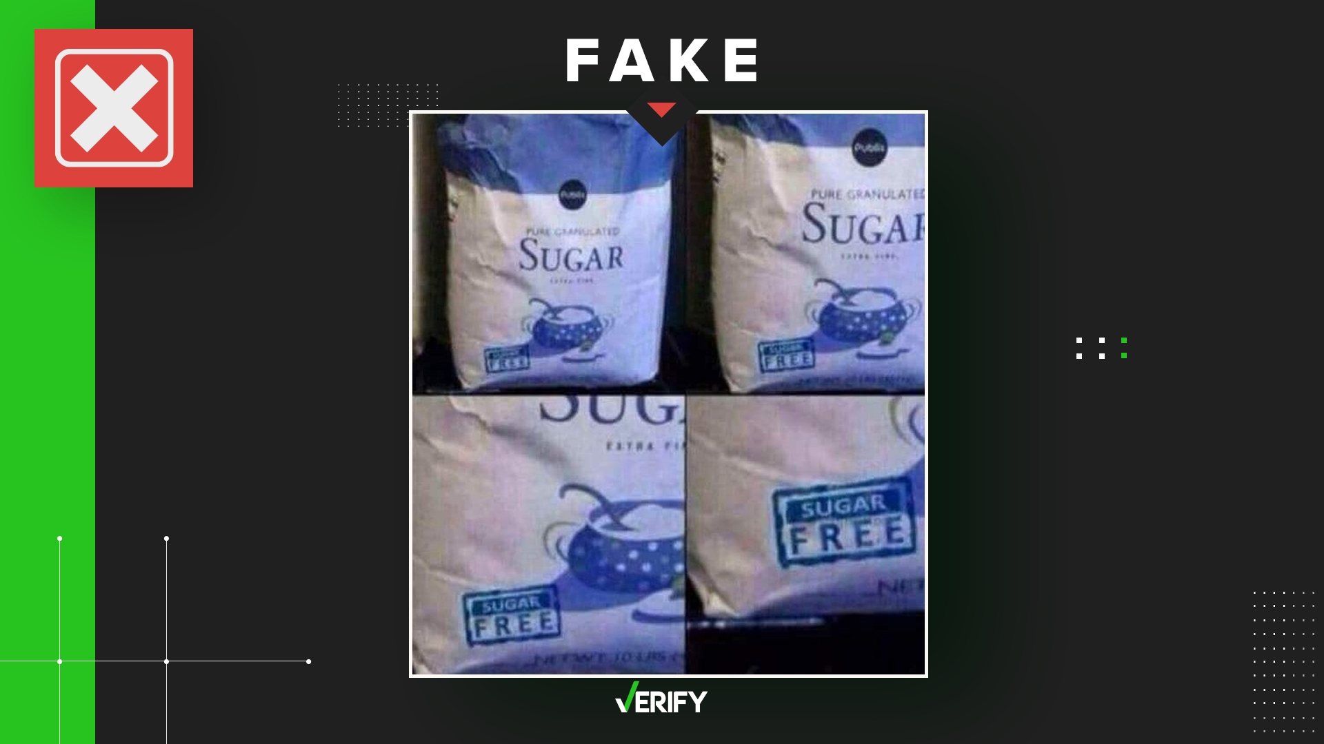 Mislabeling is a problem that affects grocery products from time to time, but this example with Publix sugar branded "sugar-free" is a doctored photo.