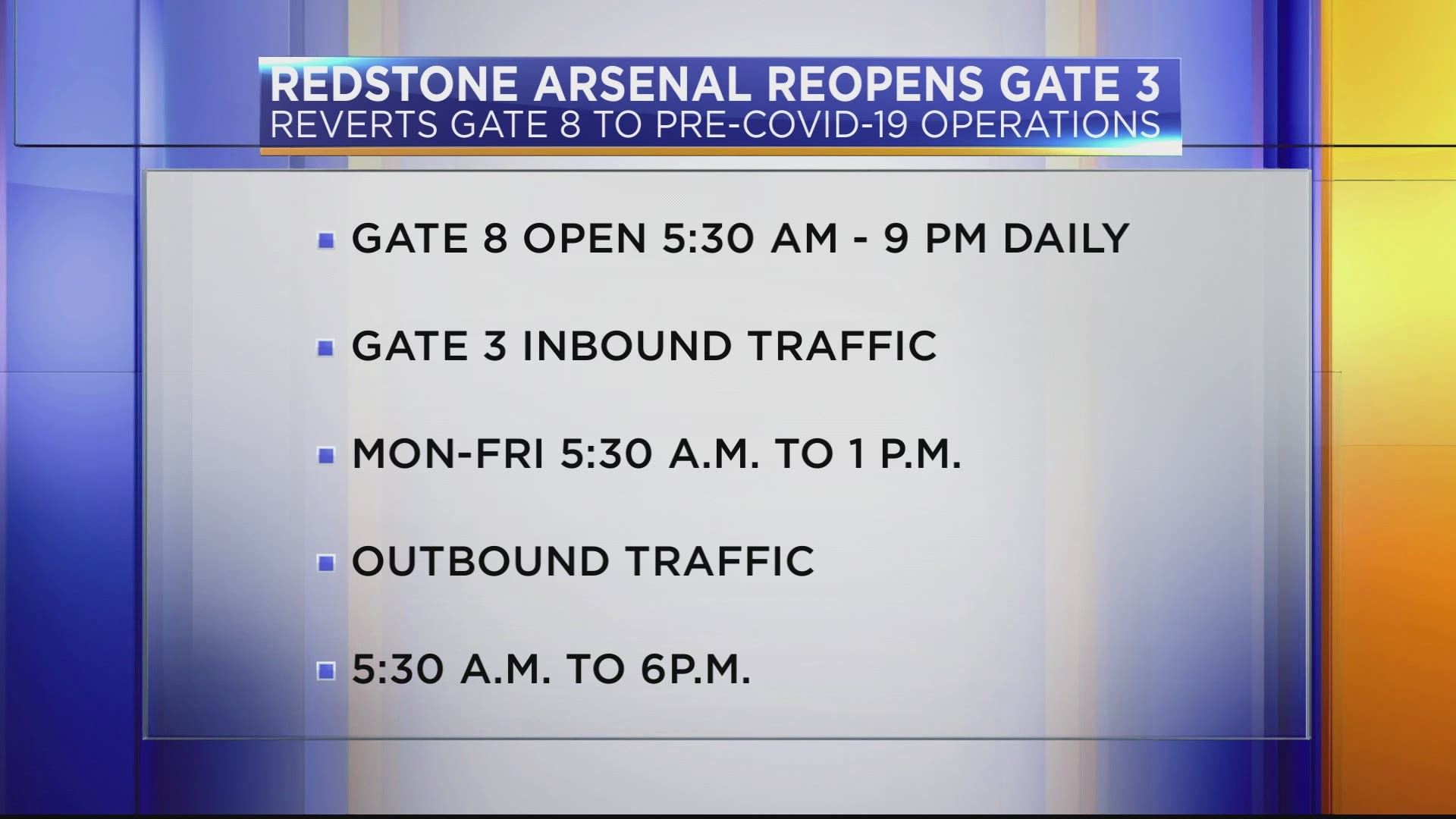 Redstone Arsenal Garrison Commander Col. Glen Mellor said the arsenal continues to analyze and assess traffic flow requirements.