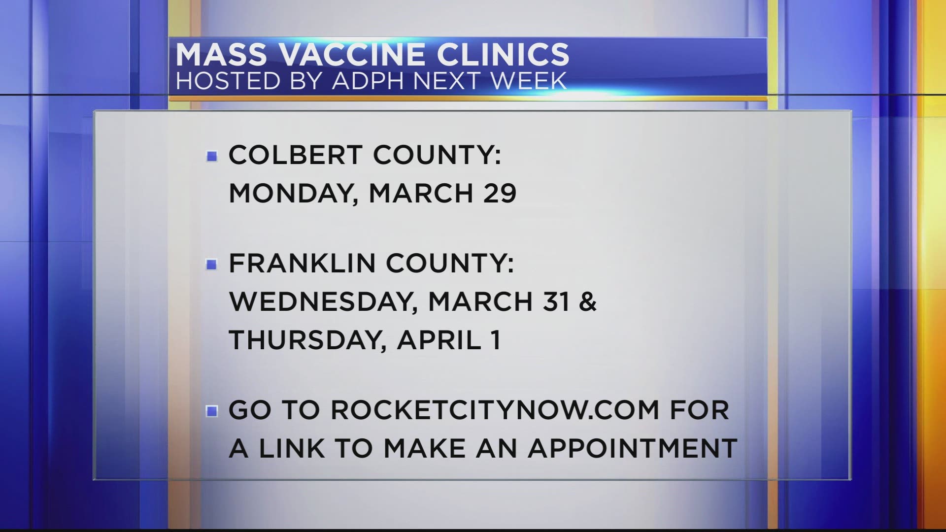 Beginning March 27, the Alabama Department of Public Health (ADPH) will hold drive-through COVID-19 vaccination clinics in Colbert, Franklin, and other counties.