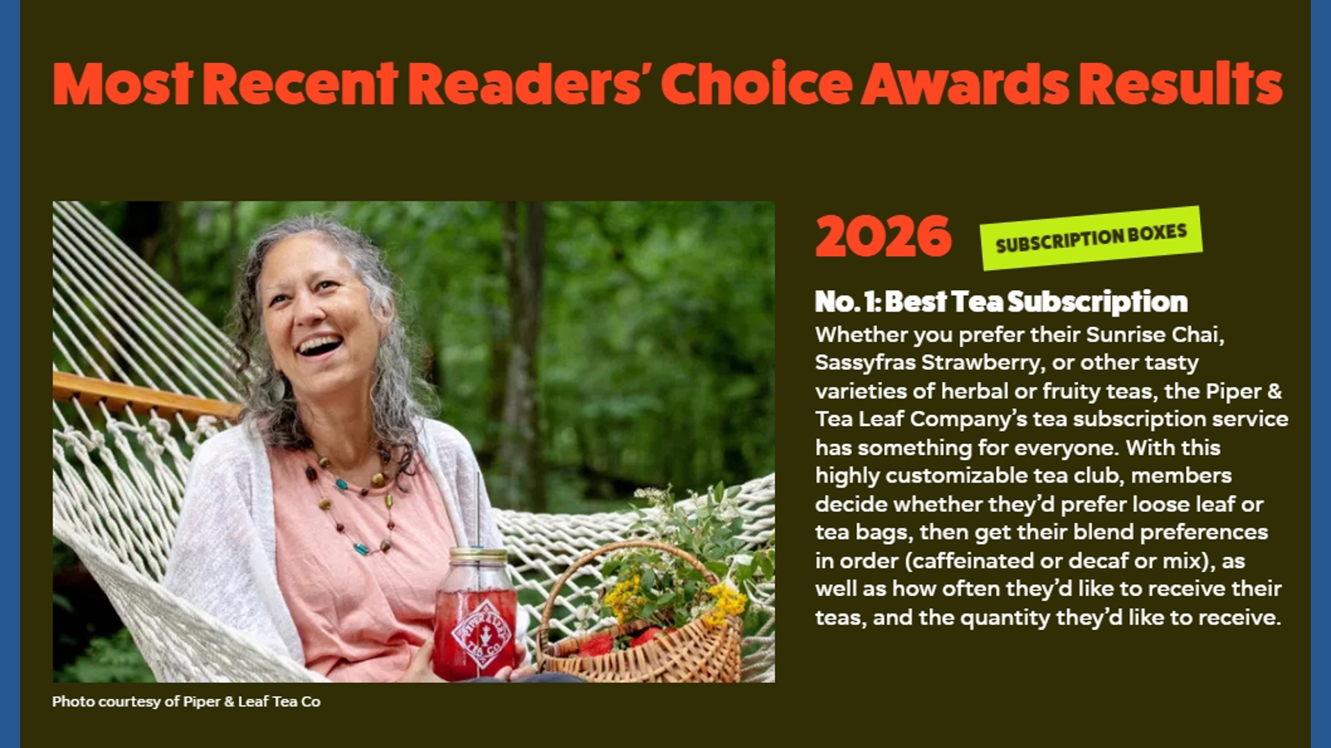 Piper & Leaf's homemade teas win 'Best Tea Subscription' in USA TODAY awards
