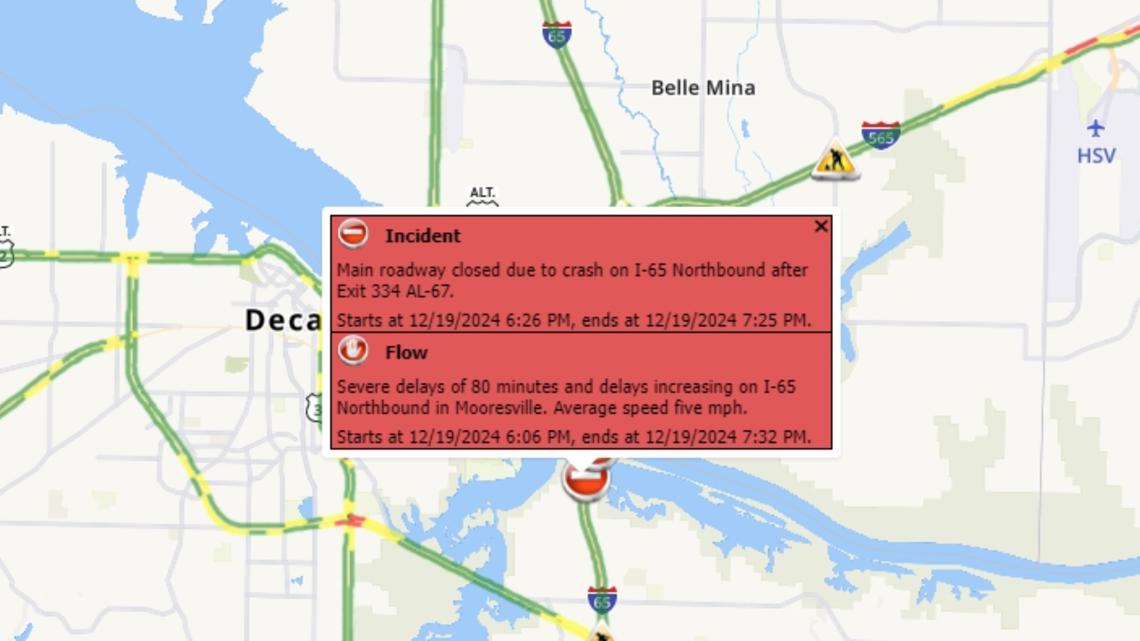 I-65 northbound shut down for hours after wreck near Priceville