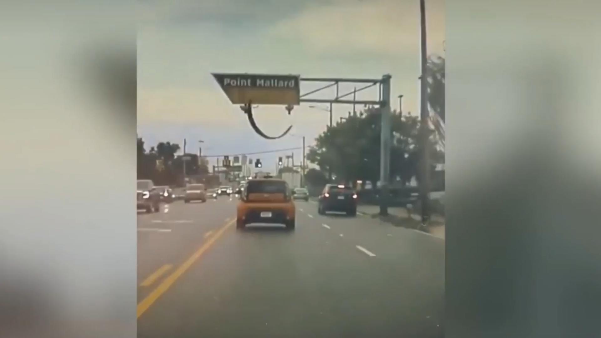 Part of a street sign fell into traffic in Decatur and may have struck a car. No apparent injuries.