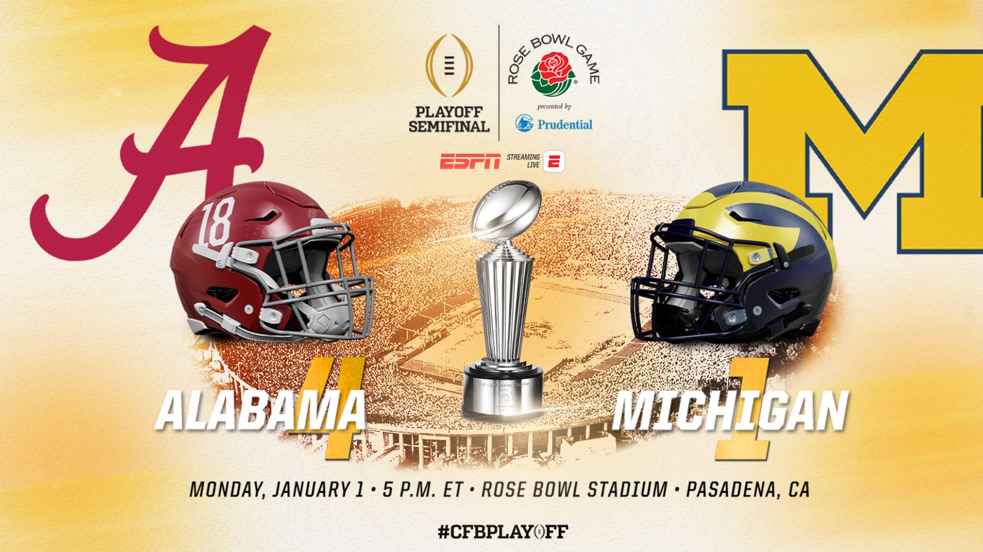 Michigan, champions of the Big Ten Conference, and Alabama, champions of the Southeastern Conference, will face each other in the College Football Playoff Semifinal.