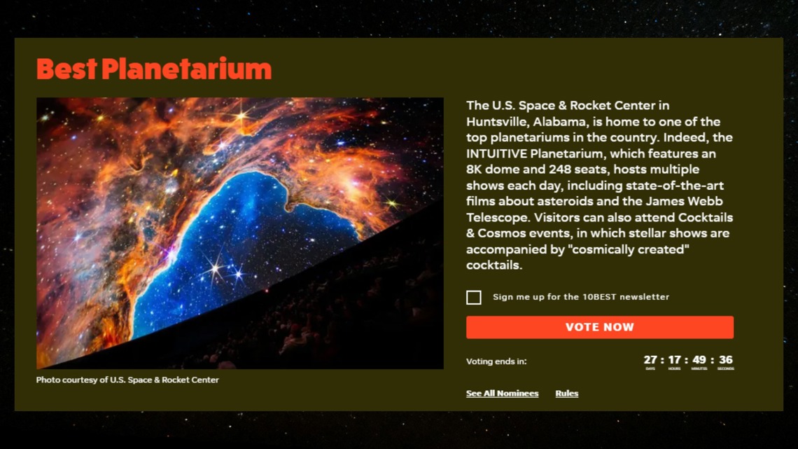 The INTUITIVE Planetarium at the U.S. Space & Rocket Center has been nominated in the USA Today 10Best Readers' Choice Awards