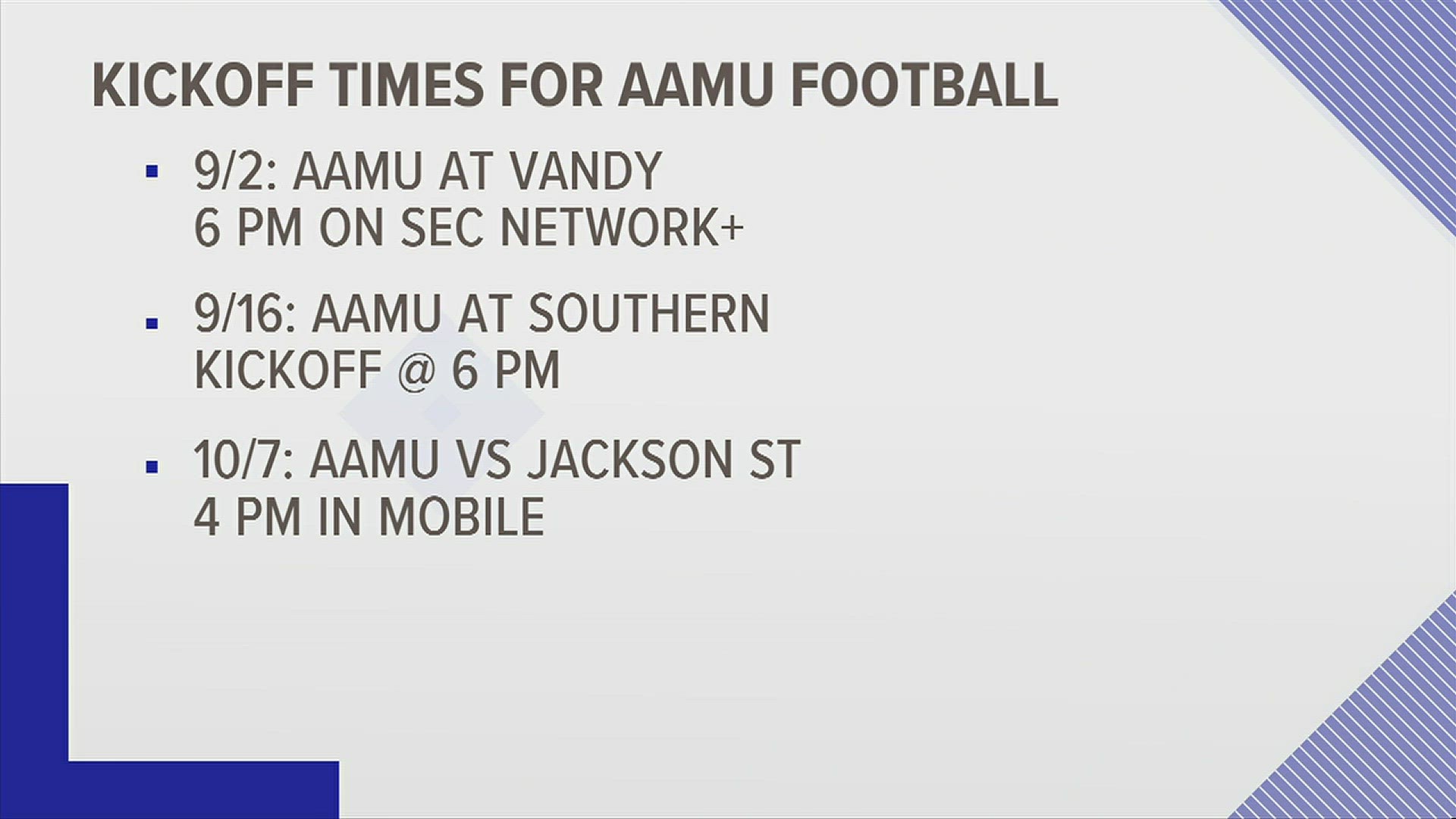 Kickoff times for Alabama A&M's games against Vanderbilt, Southern University and Jackson State were unveiled this week.