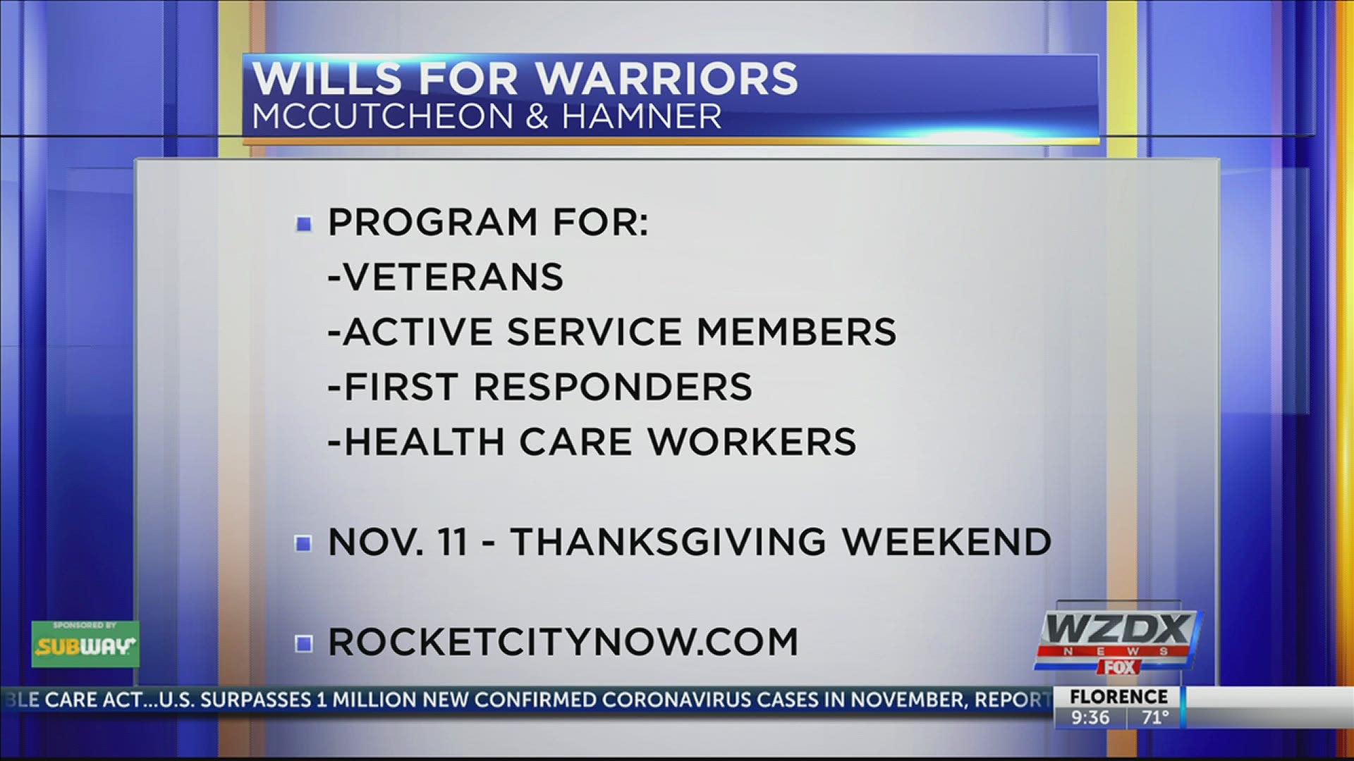A local law firm is offering free wills and other services as part of their Wills for Warriors program from Veterans Day 2020 through Thanksgiving weekend.