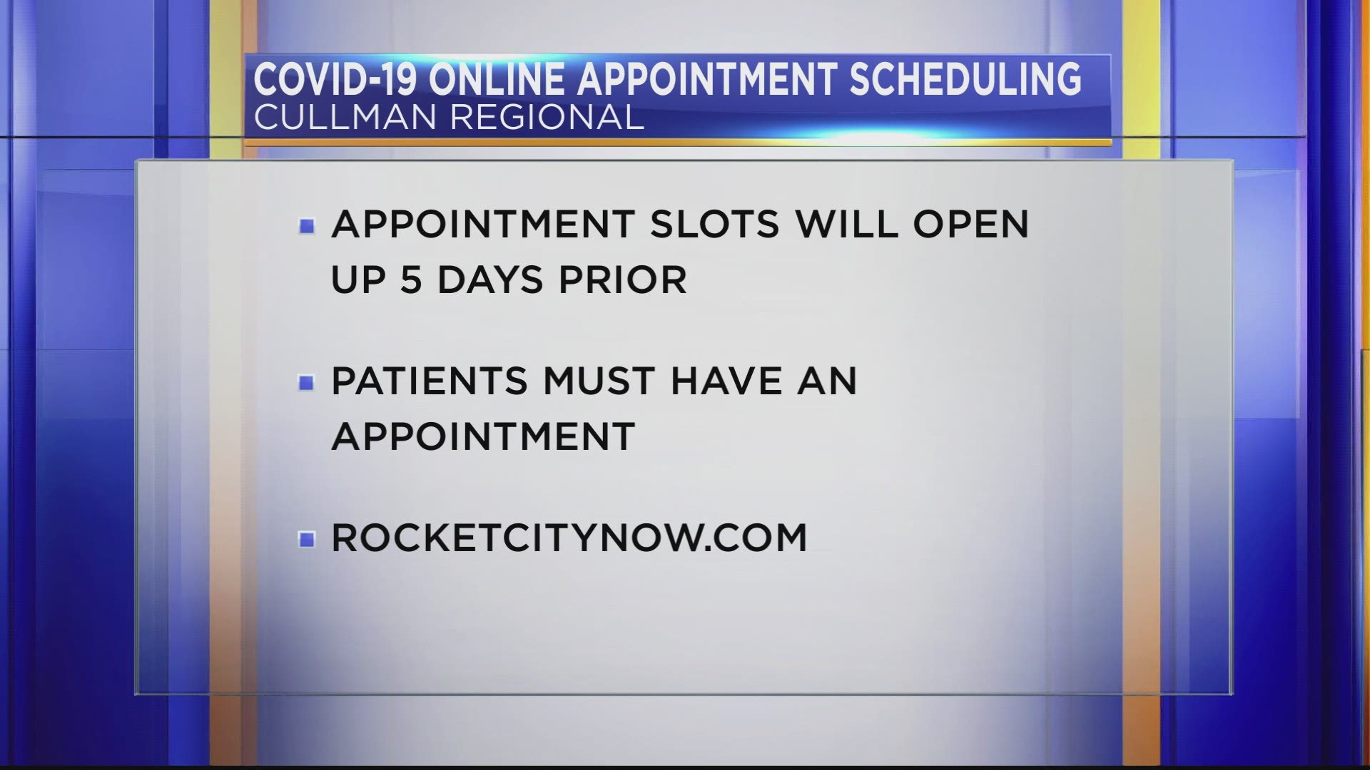 Based on Cullman Regional's vaccine allotment, appointment slots will open five days prior to the appointment date.
