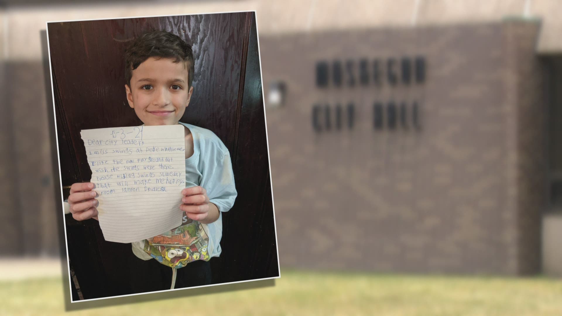 Landon De La Rosa was sad when he saw the swing set at Muskegon's Pere Marquette Beach was gone. A letter he wrote has city officials, including the Mayor, thinking.